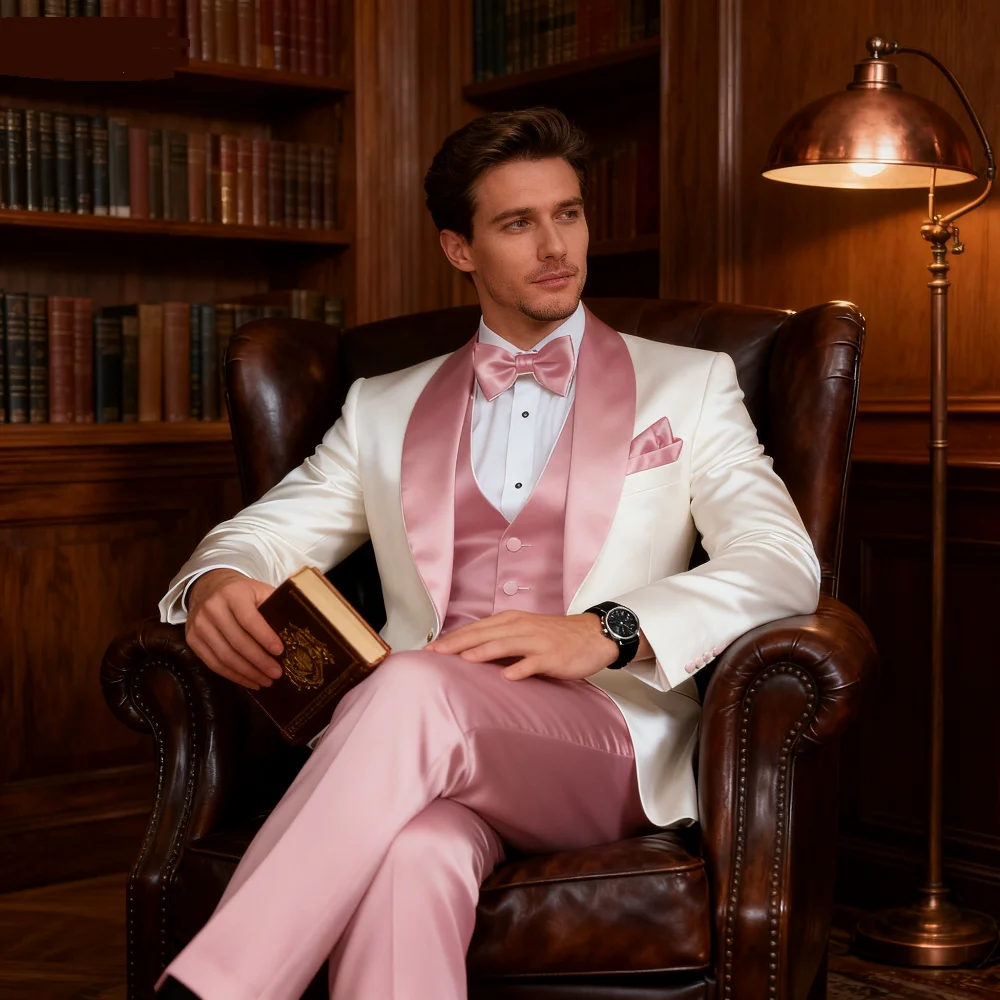 

Customized Men's 3-Piece Tuxedo with Scarf Lapel Smoking Suit Wedding Groomsmen Formal Party Blazer Terno Masculino