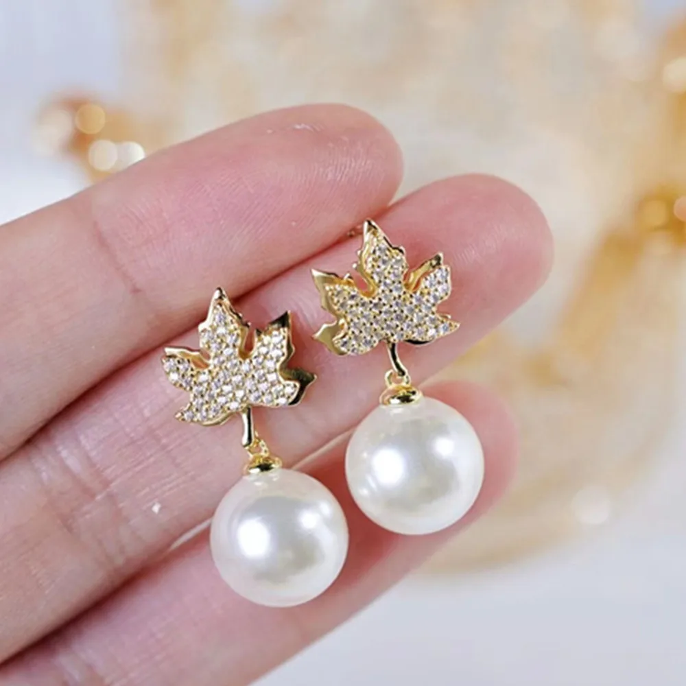 925s silver maple leaf style beautiful, fashionable and high-end earrings, South China Sea pearl AAA 8-9mm 9-10mm 10-11mm 11-12m