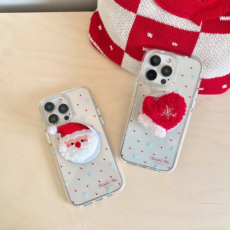 Christmas Fleece Santa Claus Gloves Magnetic Phone Holder Finger Ring Support For iPhone Samsung Cases Grip Tok Socket Bracket