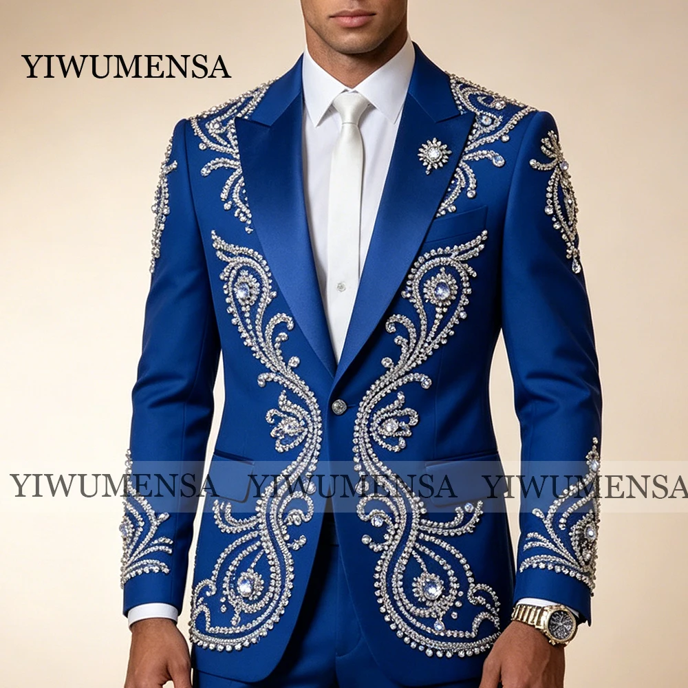

Luxury Suit For Man Diamonds Stones Groom Prom Blazer Plus Size Customized Man Banquet Wedding Tuxedo 2 Pieces Costumes Hommes