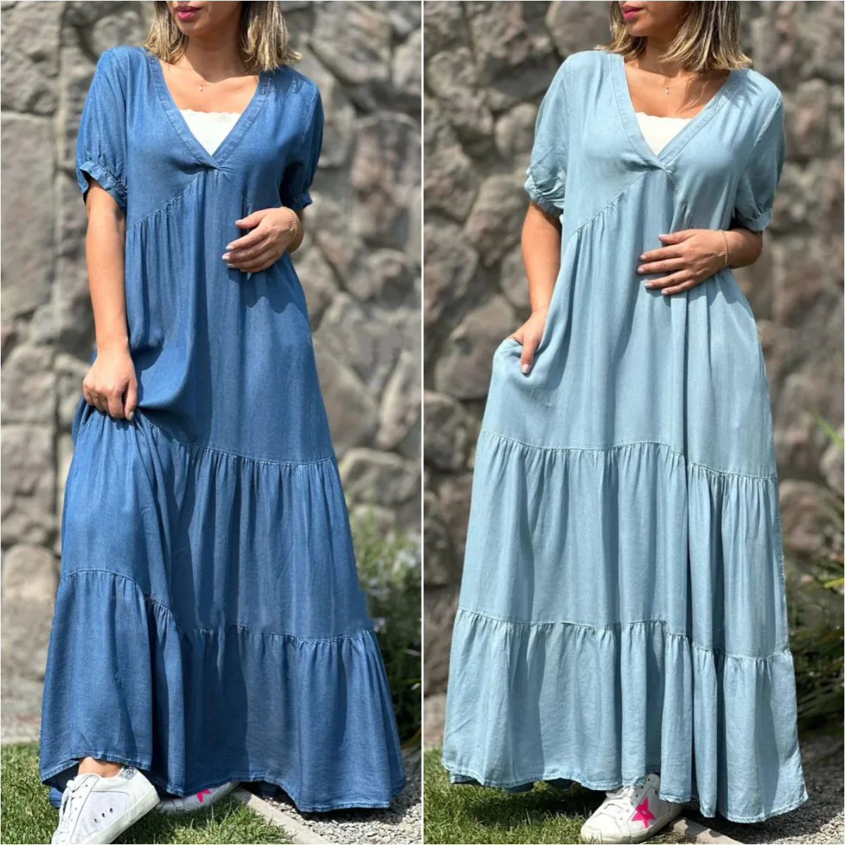 

Plus Size Women's Faux Denim Dresses Foreign Trade Solid Color V-Neck Long Dresses