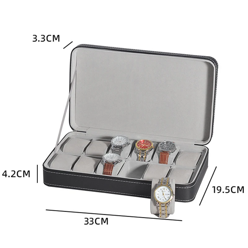 Zíper caixa de relógio à prova de poeira 6/10/12 slot couro do plutônio escudo preto portátil masculino e feminino jóias relógio armazenamento atacado