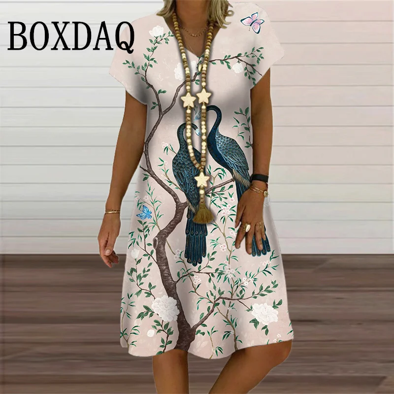 3D Peacock Print Dresses Women 2024 Summer Short Sleeve V-Neck Dresses Female Knee Length Casual Ladies Retro Clothing Plus Size