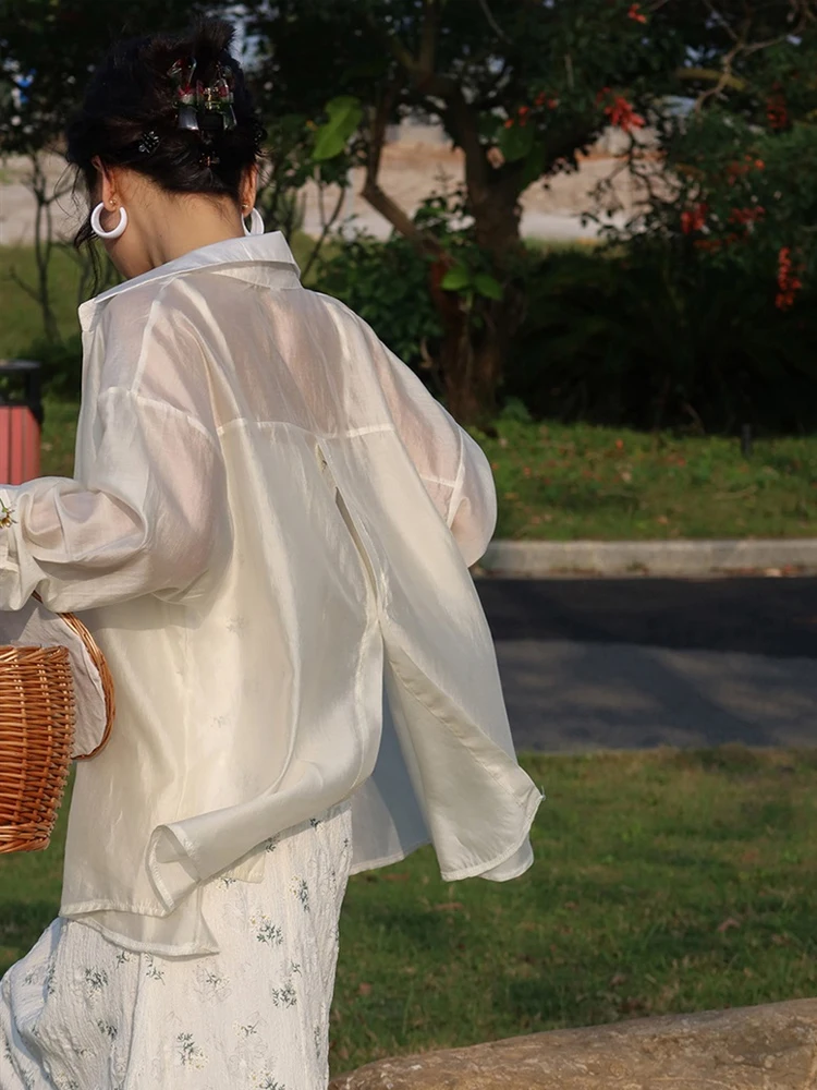 

Loose Women's Summer Outerwear Sun Protection Shirt Transparent Cardigan Casual Chic Korean Style Long Sleeve Collar