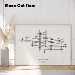 Minimalist Frank Wright's Falling Water House Sketch Mid-Century Architecture Poster Canvas Painting Wall Pictures Home Decor