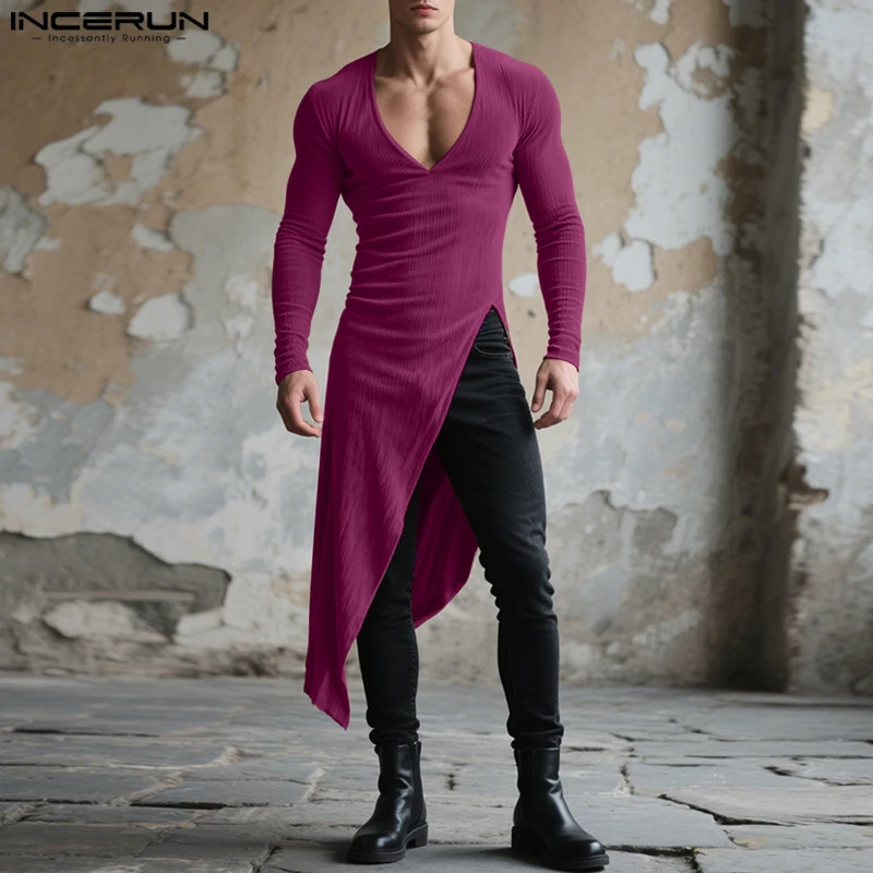

INCERUN Men Irregular T Shirt Solid Color V Neck Short Sleeve Long Style Tee Tops Streetwear 2025 Fashion Casual Men Clothing