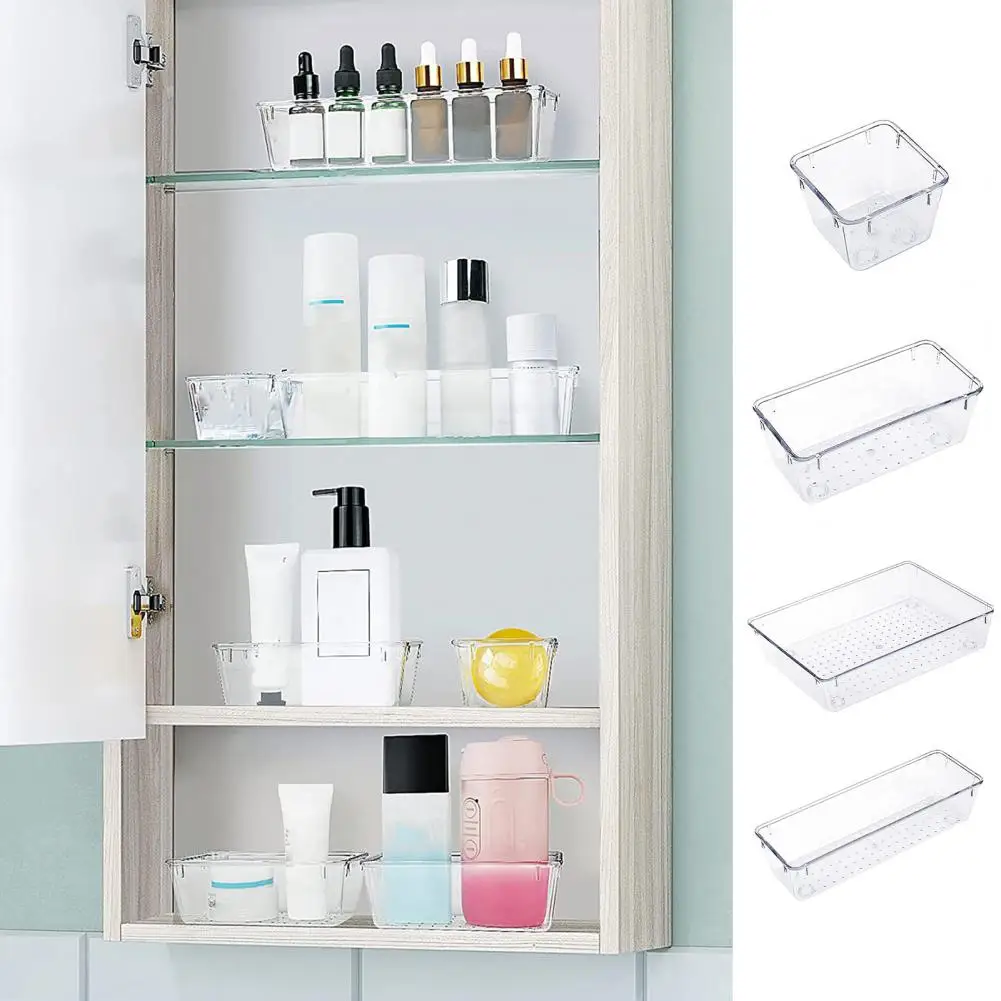 Transparent Drawer Storage Box Acrylic Cosmetics Drawer Organizer Drain Holes Stationery Storage Tray Stackable Storage Bin