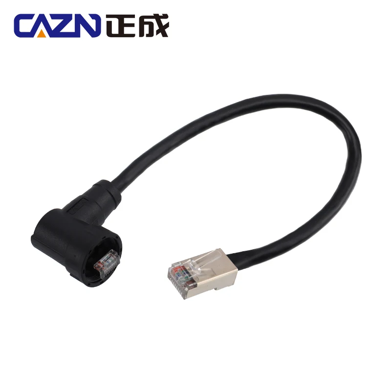 CAZN RJ45 Right Angle Male Overmolded Plug  CAT5e CAT6a RJ45 Waterproof Cable Industrial Ethernet Plug IP67 Plastic