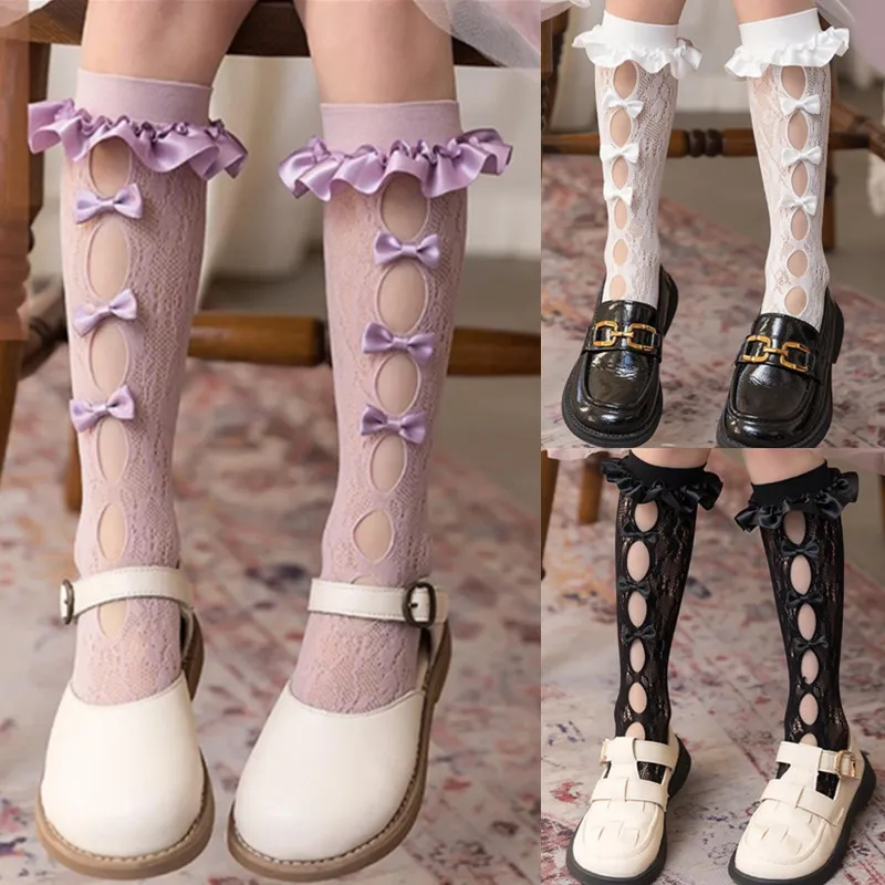 

1 Pair New Hollow Out Lace Children Girls Stockings Cute Bowkot Mesh Knee High Tights for 3-12 Years Teen Girls Ballet Socks