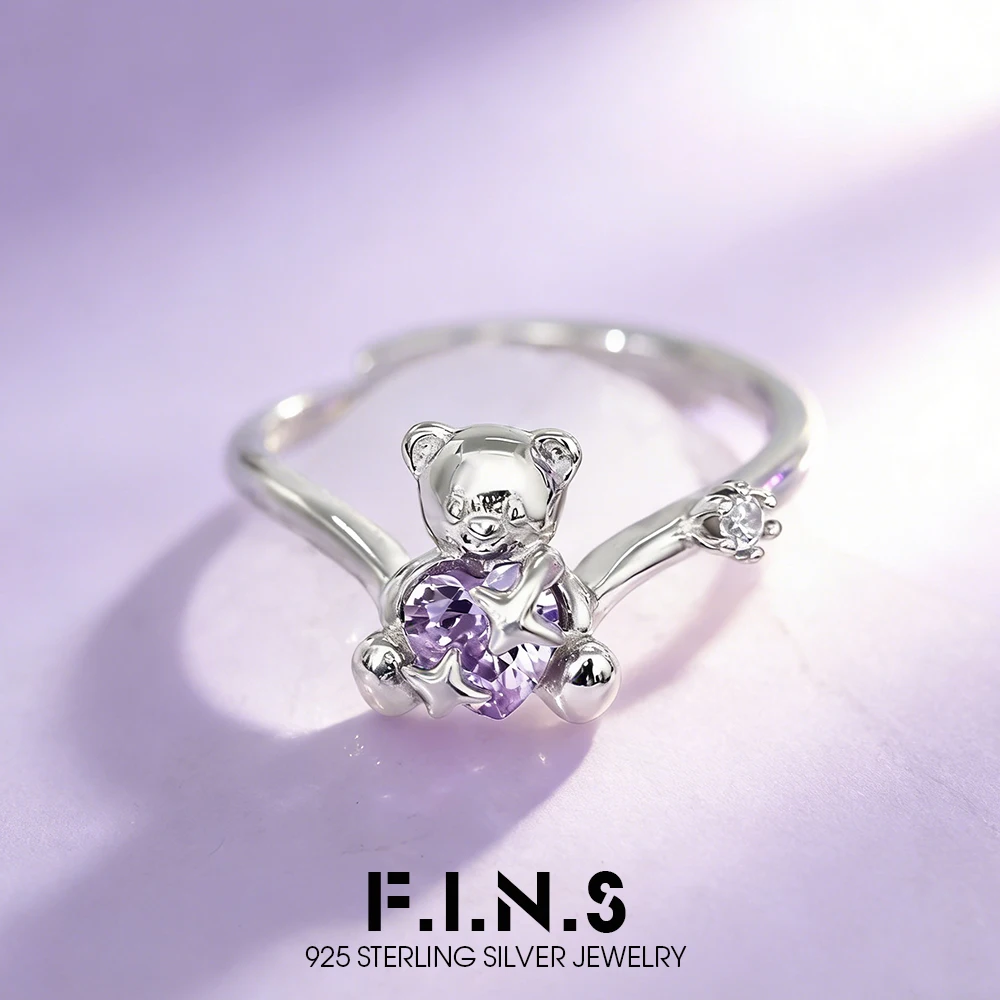 

F.I.N.S Original S925 Sterling Silver Small Bear Ring Sweet Purple Zircon Love Heart Open Adjustable Finger Fine Jewelry Gifts