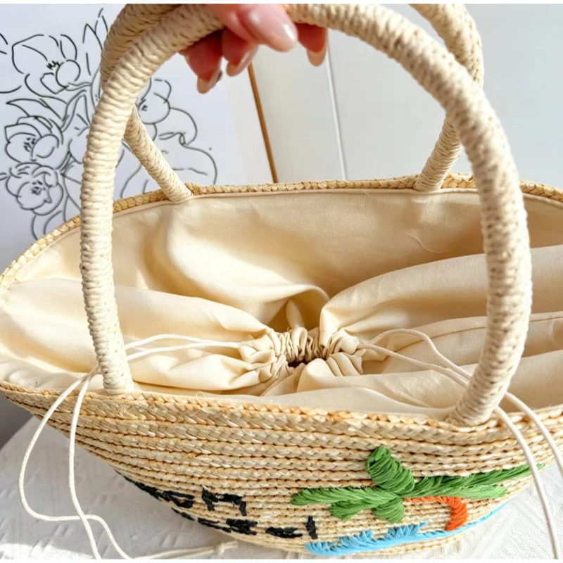 Kokosnuss-Stickerei Strohgewebte Strandtasche, Große Kirsch-Tragetasche, Damen Sommer Casual Urlaubstasche mit Schriftzug – Detail 3