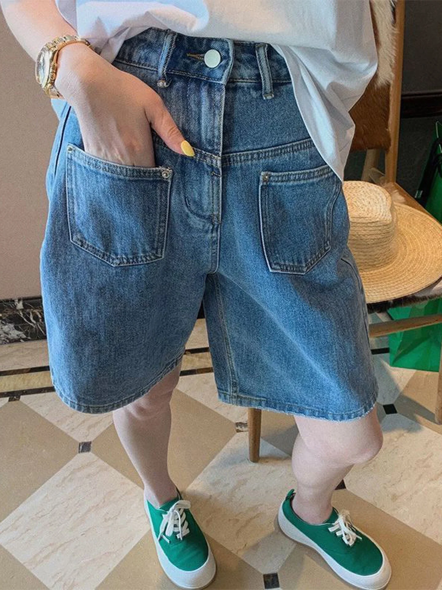 High Waist Wide Leg Jeans Shorts Women's Loose Slimming Thin Five-Point Pants Autumn New Style Versatile A-Line Mid-Pants