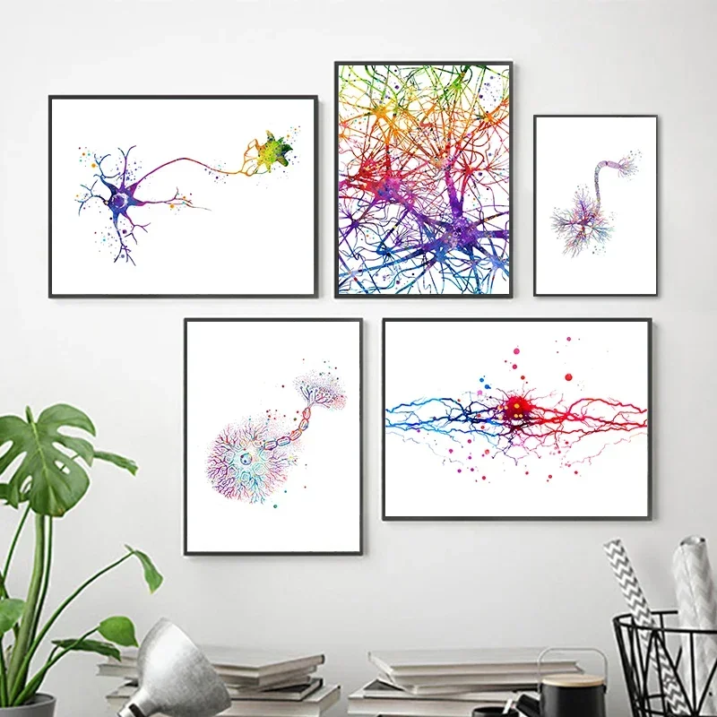 Neuron Watercolor Neuroscience Neurology Wall Art Poster Print Brain Anatomy Medicine Canvas Painting Synapse Clinic Room Dec