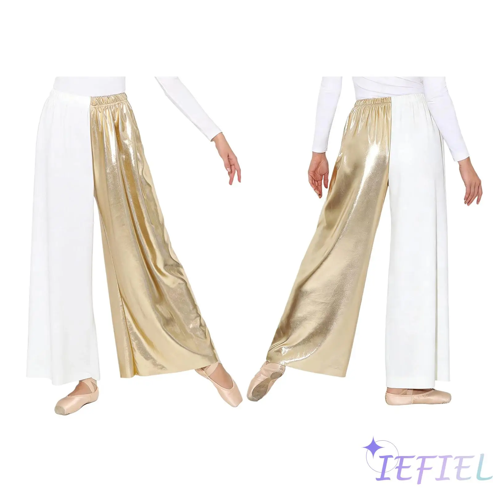 

Womens Church Lyrical Worship Dance Pants Outfit Ladies Color Blocking Trousers Metallic Shiny Patchwork Wide Leg Long Pants