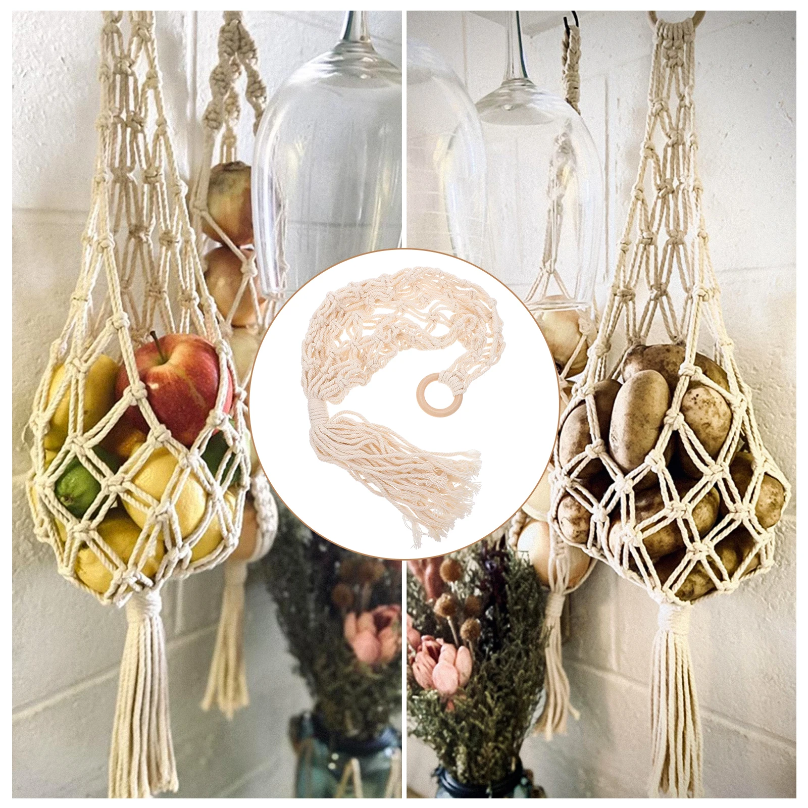 

Cotton Rope Hanging Basket Beige Woven Storage Decorative Fruit Vegetable Basket Space Saving Modern Style Home Storage