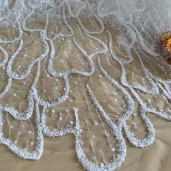 2023 NEW Beading Lace Tulle Embroidery Beaded Fabric 1 Yard White Lace Fabric by the Yard Bride Dresses Costura Sewing Material