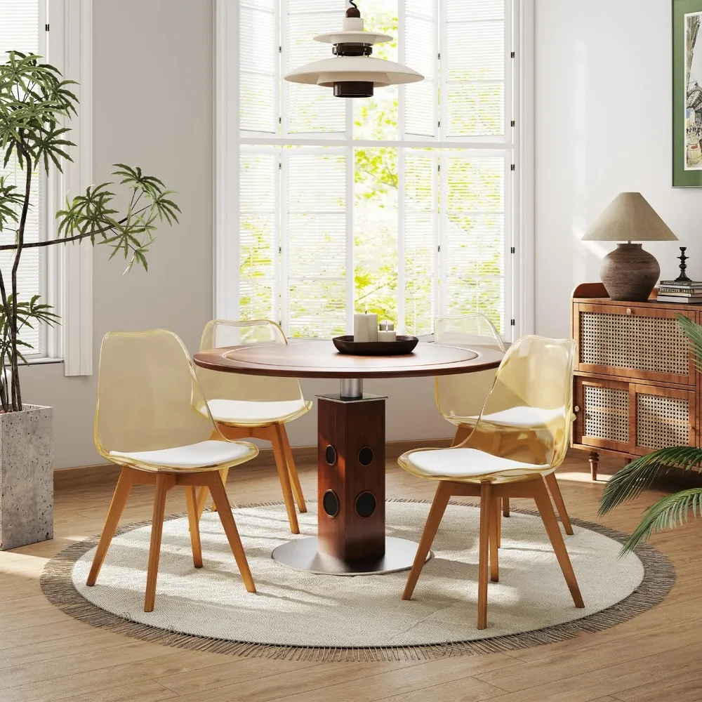 

Clear Dining Chairs Set of 4, Modern Acrylic Chair Kitchen Dinner Chairs with PU Leather Cushions Seat and Wood Legs