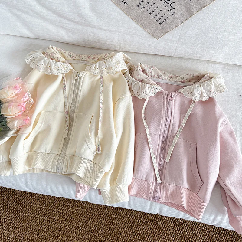 

Girls Korean version jacket 2025 new children's spring autumn garden lovely hundred with hooded lace edge knitted sweater