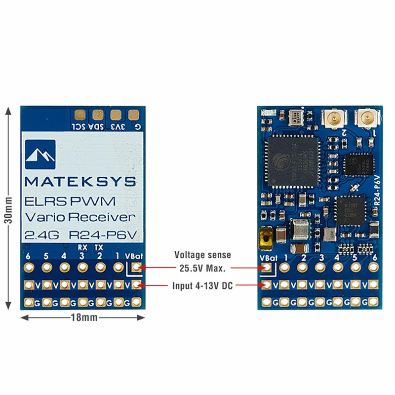 MATEK MATEKSYS R24-P6V 2,4 GHz ISM PWM VARIO Empfänger 22,5 dBm (180 mW) für RC FPV Drohne – ExpressLRS kompatibel
