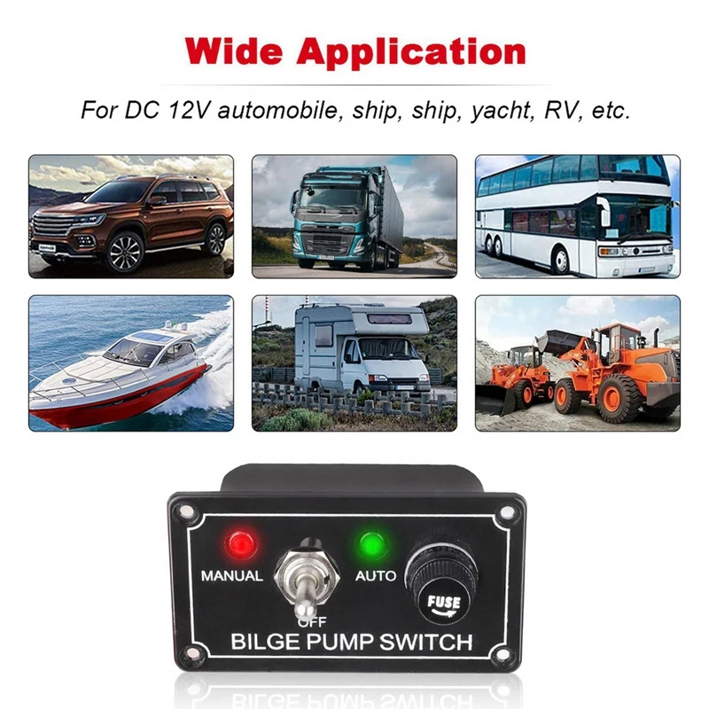 2X DC 12V Fused Marine Bilge Pump Switch Panel With LED Indicator Light Manual/Off/Auto 3-Way Toggle Switch