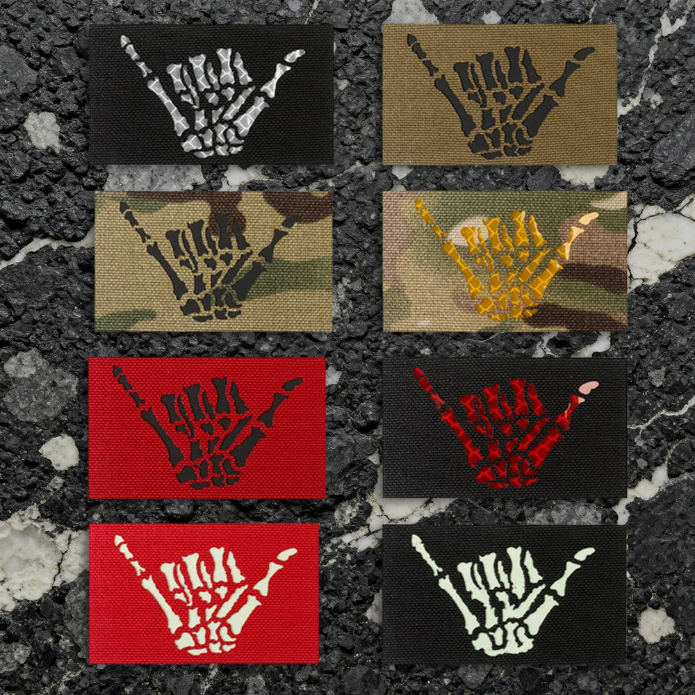 Rounded Rectangular Skeleton Hand Gesture Luminous Laser-Engraved Patch with Velcro Fastener, Decorative Applique Badge with Free Backing