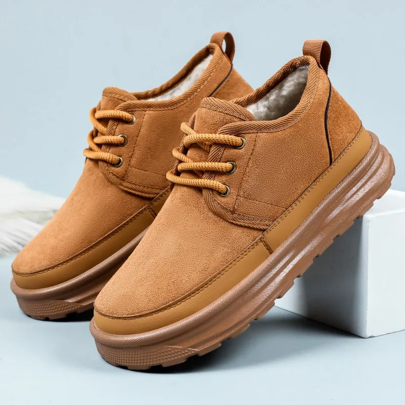 2025 Winter Fashion Leather Snow Boots Men's Fur Warm Thickened Cotton Shoes Outdoor Non-Slip Thick-Soled Hiking Ankle Boots Men
