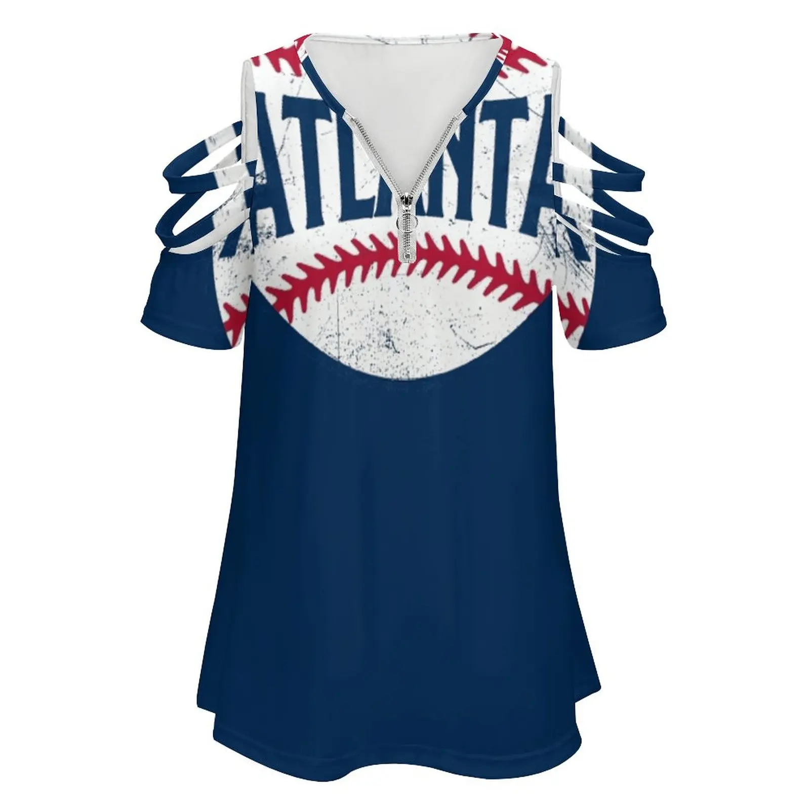 Atlanta Retro Baseball-Navy New Fashion Zip Off Shoulder Top Short-Sleeve Women Shirt Atl The A Vintage Retro Baseball Braves