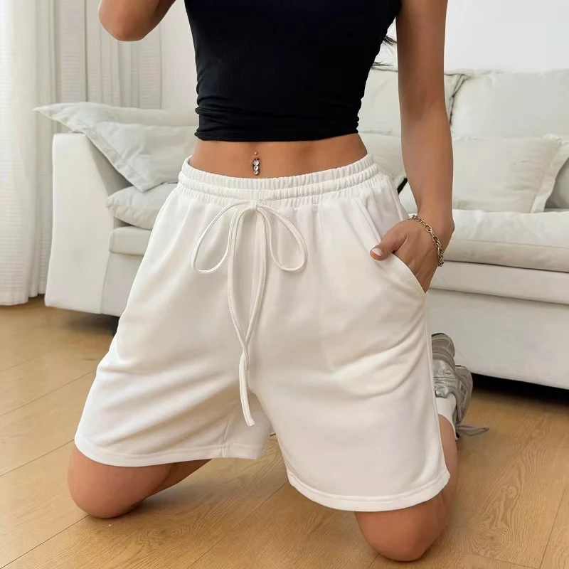 شورت جيب مائل بخصر برباط مع خصر مرن شورت رياضي فضفاض مناسب مريح من القطن الخالص ملابس الشارع النسائية