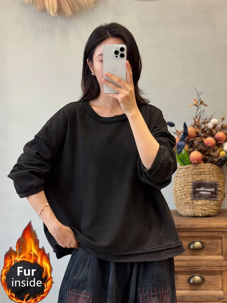 Amax LuluE 2025 Inverno Coreano Classico Solido Vestiti Delle Donne Dell'annata Casual O-Collo di Pelliccia T-Shirt Donne di Modo Classico di Cotone Magliette E Camicette