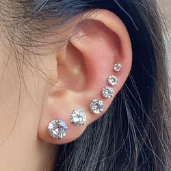 1Pairs Stainless Steel Crystal CZ Studs Earrings For Women Men 4 Prong Tragus Lobe Round Clear Cubic Zirconia Ear Jewelry 3-8mm