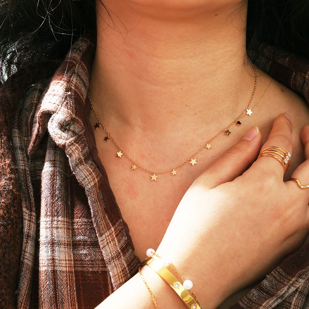 Scattered Multi Color Tiny Star Thin Chain Collarbone Necklace 316L Stainless Steel Gold Soft Mini Star Daily Jewelry