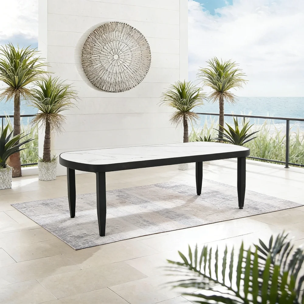 

Modern Outdoor Arc Coffee Table (47.2×23.6''): Greek White Marble-Inspired Sintered Top,Aluminum Frame,Ember Black,Weatherproof