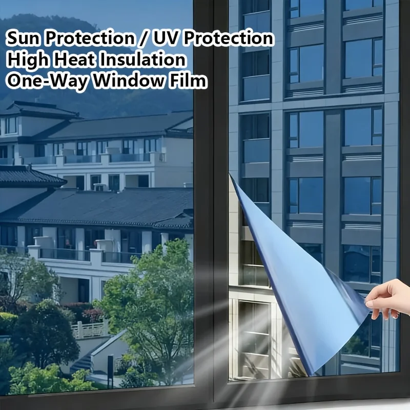 One Way Privacy Reflective Glass Window Film Static Non Adhesive, Sun Heat Insulation Anti UV Mirror Sticker for Indoor Window