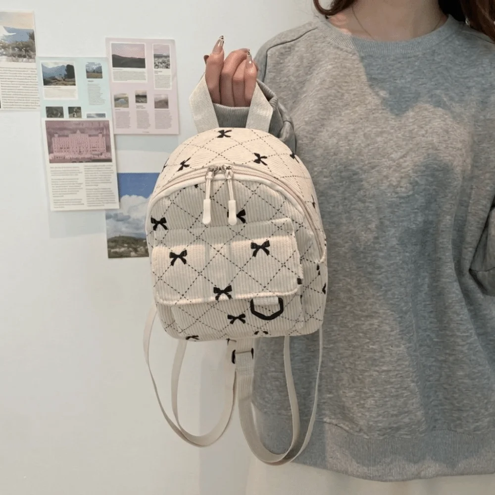 Fashion Corduroy Mini Backpack Bowknot Printed Lightweight Bow Rucksack Multi Layered Korean Style Shoulder Bag Teen Girls
