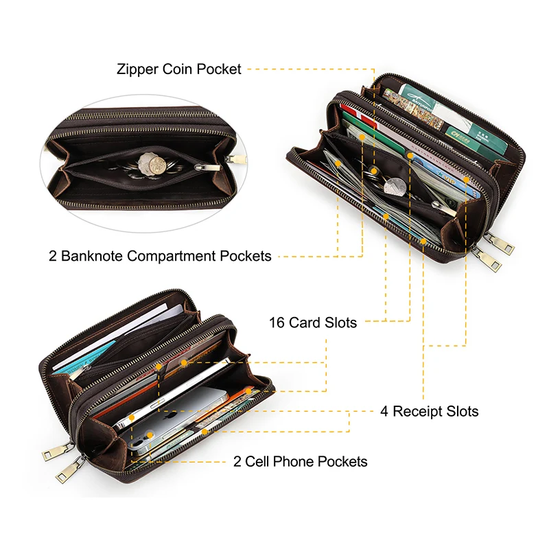 CONTACT'S Genuine Leather Clutch Bags for Men Vintage Business Senior Handbags Purses Card Holders Travel Office Gift Wallets