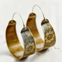 Vintage Gold Color Round Earrings Metal Carving Flower Pattern Dangle Earrings for Women Ethnic Jewelry