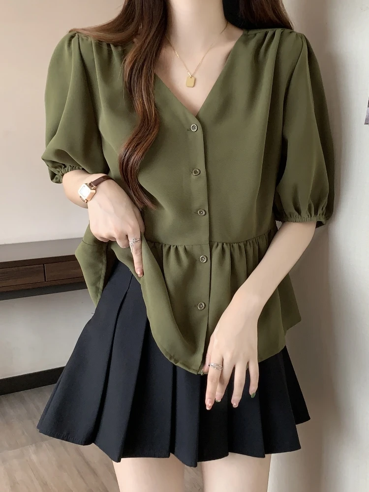 

Women's Bubble Sleeve V-Neck Chiffon Shirt Short Sleeve Slimming Cover-Up High-End Design Base Top Summer Fashion plus Size