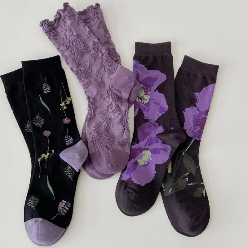 3 Pairs Spring Autumn Purple Relief Middle Tube Women\'s Socks Trendy Academy Style Socks Paired with Shark Pants Socks Female