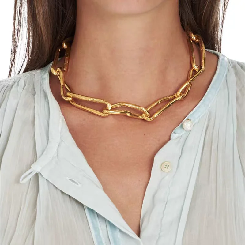 

Brass With 18K Gold Chunky Linked Choker Necklace Women Jewelry Punk Designer Runway Rare Gown Boho Japan Korean