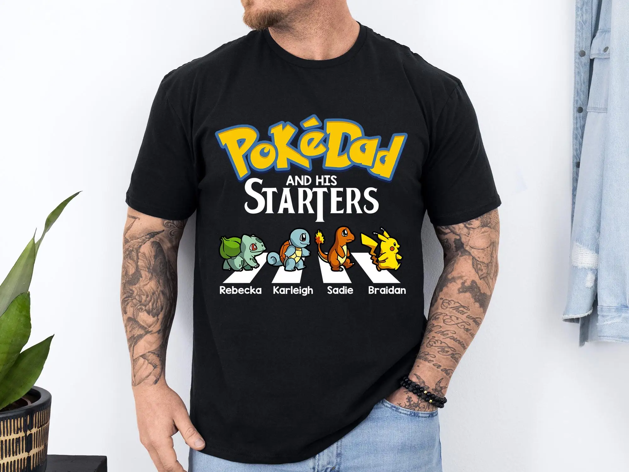 Pokémon PokéDad and His Starters T-shirt Custom Kids Names Abbey Road Print Men Cotton Short Sleeve Father's Day Gift  Tee Tops