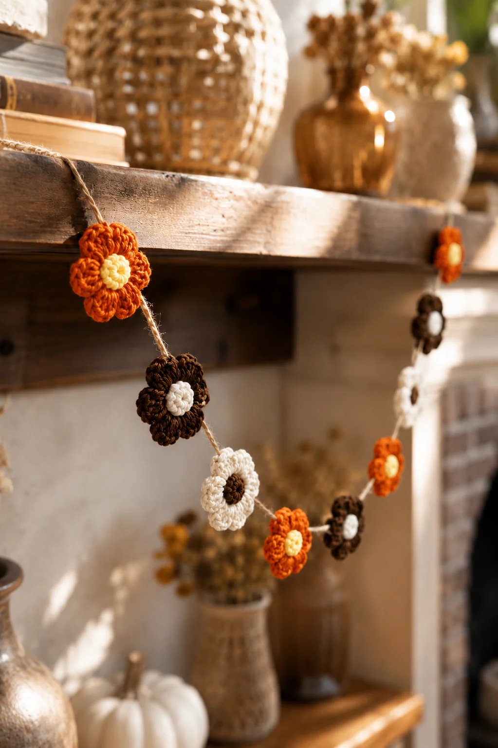 Handmade Crochet Flower Garland Fall Autumn Floral Banner Rustic Wall Hanging Ornament for Mantel Shelf Thanksgiving Home Decor