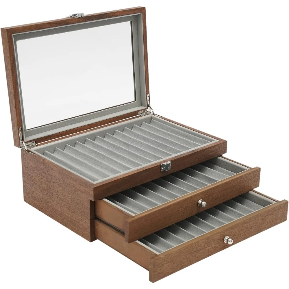 Wooden Pen Storage Box 3-Layer Practical Pen Storage Box with Two Drawers 34 Slot Pen Display Box for Storing Pens (Walnut)