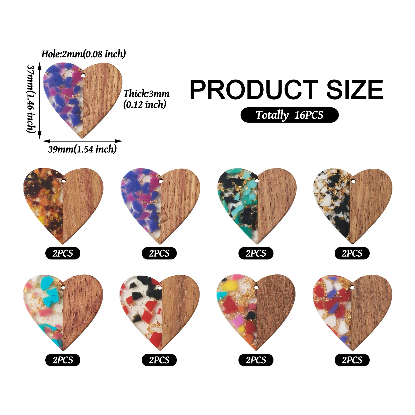 Pandahall 16Pcs Heart Foil Transparent Resin Natural Wood Pendants Charms for DIY Dangle Earrings Jewelry Making