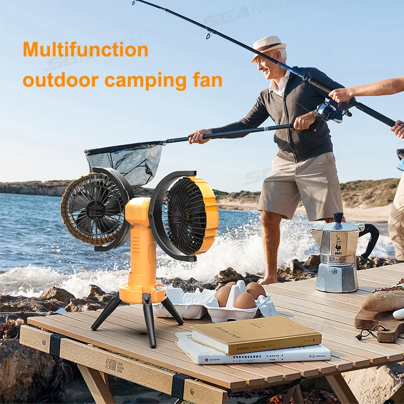 SEAMETAL 8000mAh Camping Fan Outdoor Rechargeable Cooling Fan Automatic Rotation Portable Fan with Led Light Charging All in One