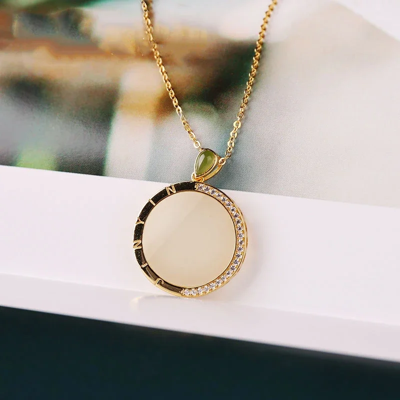 New silver inlaid natural Hetian white jade pendant necklace creative half edge diamond round niche design women's brand jewelry