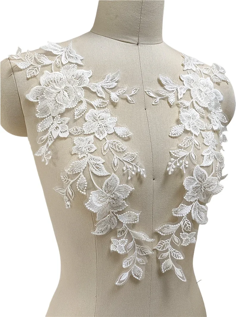 10PCS and 5PCS.. White Beaded Embroidery 3D Lace Mirror Flowers Leaf High Quality Handmade DIY Wedding Veil Patch Applique