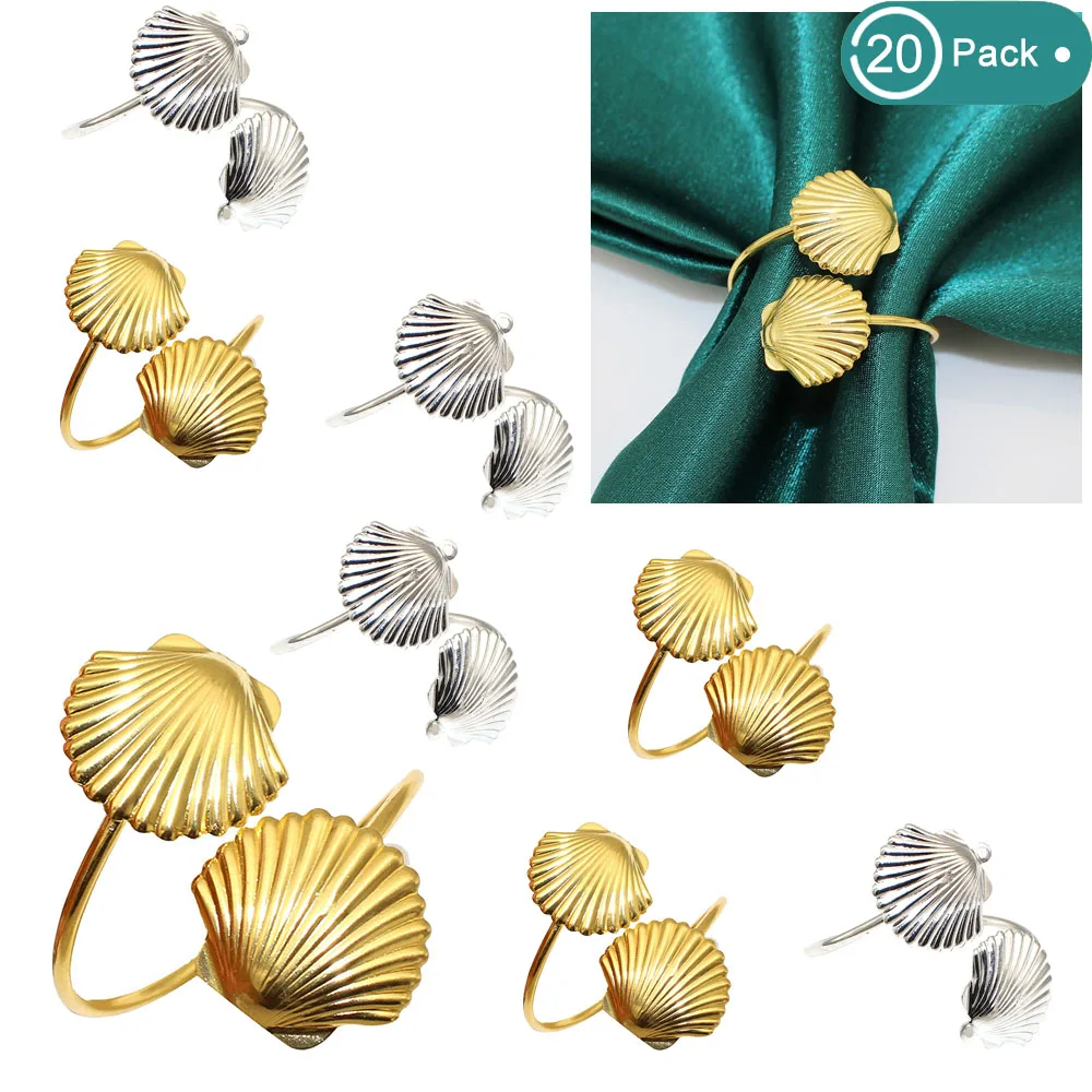 20Pcs Sea Shell Napkin Rings Ocean Coastal Metal Napkin Holders for Summer Party Wedding Birthday Beach Wedding Table Decoration