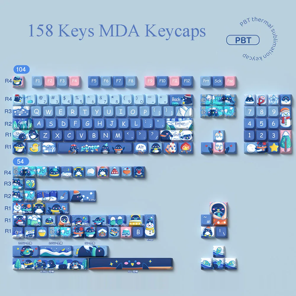 Penguins Winter Theme PBT Keycaps MDA No Backlit Thermal Dye Sublimation 3U 7U Spacebar Cross Axis Mechanical Keyboard Keycap