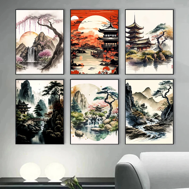 Retro Ink and Watercolor Japanese Landscape Maps Tree Mountains and Rivers Temple Canvas Painting Prints Wall Art Home Decor