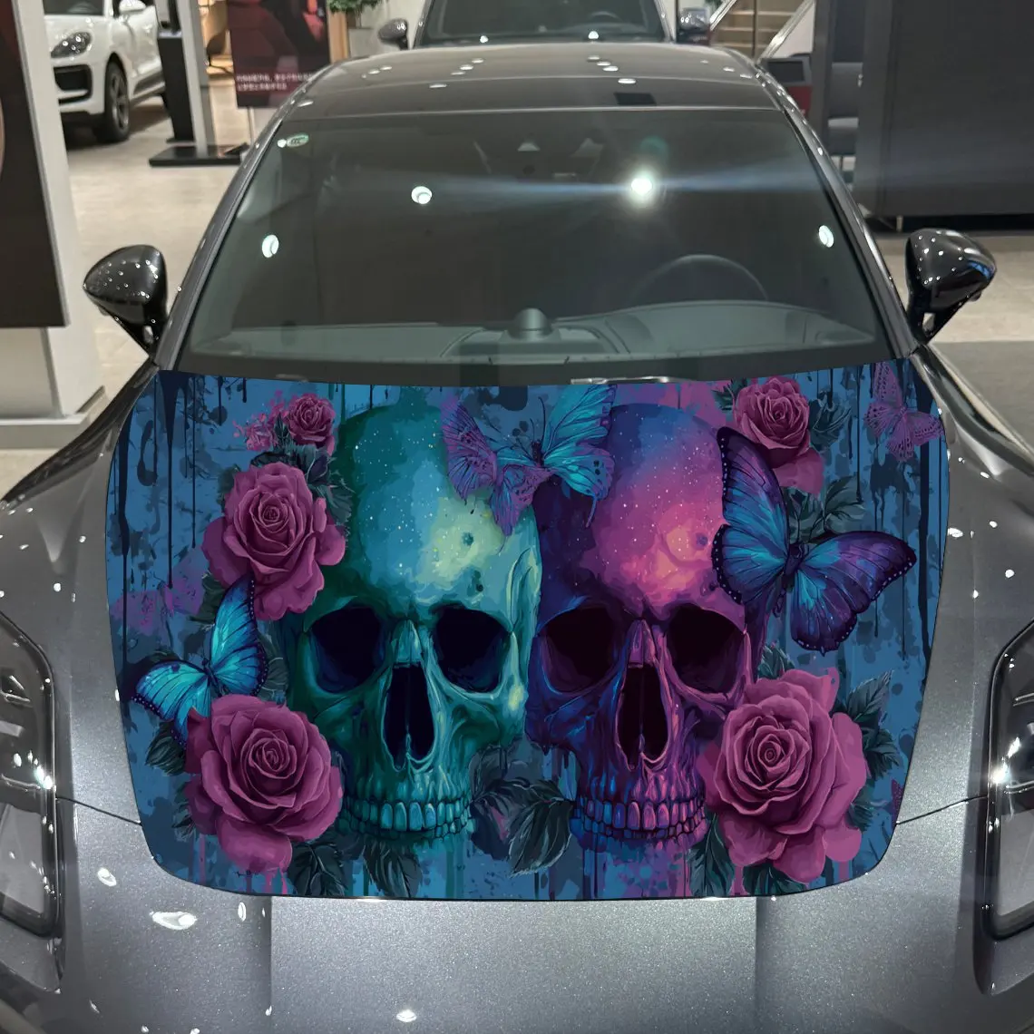 

Gothic Color Skull Butterfly Rose Trend PVC Car Hood Wraps, Self-Adhesive Waterproof Car Bonnet Decal Sticker, Car Decoration Pr
